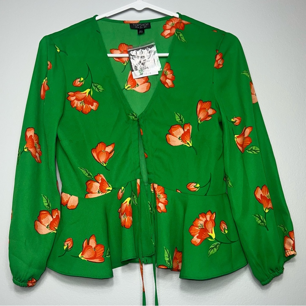 &Topshop green with orange flowers floral top blouse shirt with tie front new 4 - Picture 4 of 10